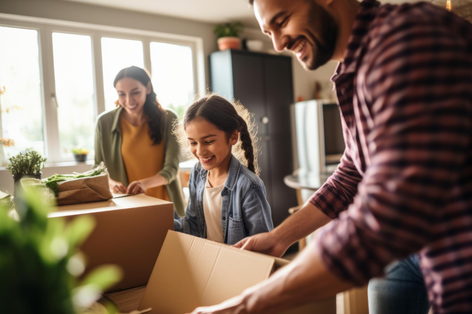 Famille souriante avec boîtes pendant un déménagement, symbolisant le déménagement en cas de garde alternée