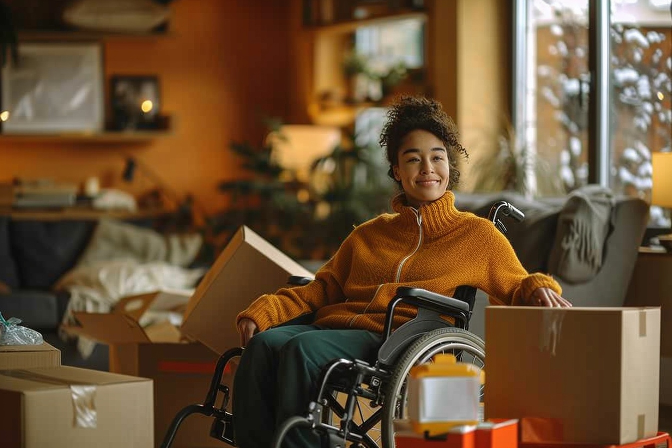 Alt texte: "Personne en fauteuil roulant recevant une aide financière pour déménagement à Troyes, facilitant le processus pour les personnes handicapées.