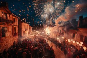 Public enjoué participant à un festival coloré pendant la fête à Troyes, éclairage féerique en arrière-plan